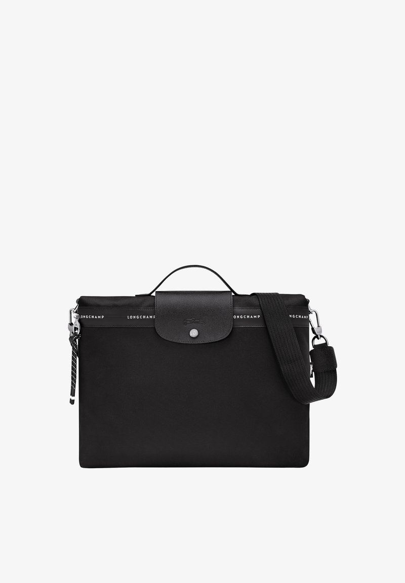Black nylon bag with a textured leather flap, silver snap closure, and a detachable striped shoulder strap. Features logo detailing.