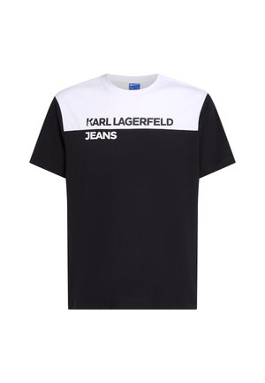 Juoda ir balta trumpomis rankovėmis marškinėliai su ryškiu spaudiniu "KARL LAGERFELD JEANS" priekyje, pagaminti iš minkštos medvilnės medžiagos.