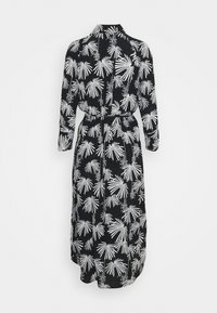 Černé šaty s bílým vzorem palmového listu, dlouhé rukávy, límec a páskem v pase, vyrobené z lehké tkaniny s volným střihem.
