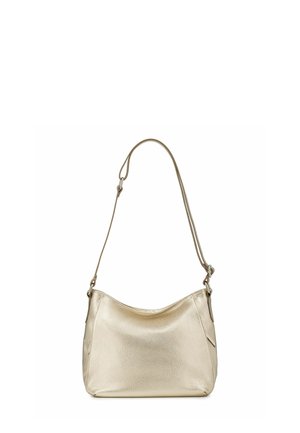 Metallic gold handbag with a smooth, textured surface. Features a single shoulder strap and a curved top opening. Compact and seamless design.