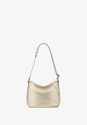 Metallic gold handbag with a smooth, textured surface. Features a single shoulder strap and a curved top opening. Compact and seamless design.