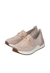 Light pink slip-on shoes with suede and mesh materials, featuring a gold-tone chain accent and a white rubber sole. Low-profile design.
