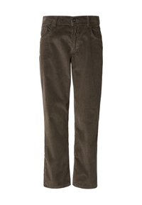 Fløyelsbukser i mørkegrønn, med rett ben, fem lommer og en subtil ribbestruktur. Knappelukking ved midjen.