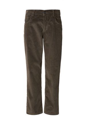 Corduroy broek in donker groen met een rechte pijp, vijf zakken en een subtiele geribbelde textuur. Knopsluiting aan de tailleband.