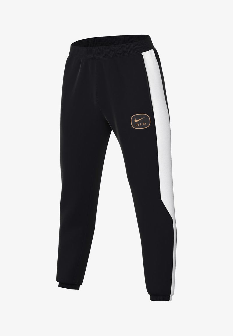 Fekete sportnadrág, puha anyagból, fehér oldalsávval, szűkített lábakkal és arany Nike Air logóval a combon.