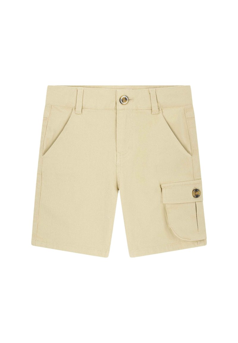 Pantaloni corti beige in cotone. Presentano due tasche frontali e una tasca cargo laterale, chiusa con un bottone. Taglio dritto classico.