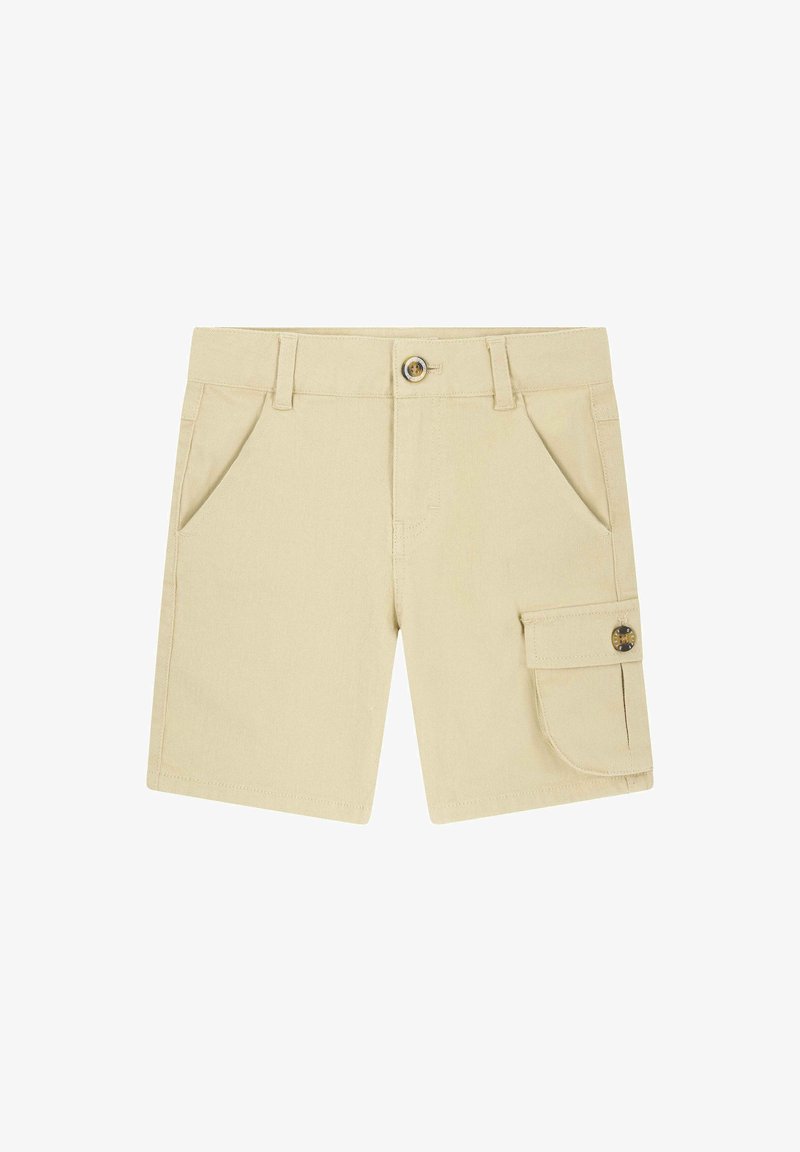 Pantaloni corti beige in cotone. Presentano due tasche frontali e una tasca cargo laterale, chiusa con un bottone. Taglio dritto classico.