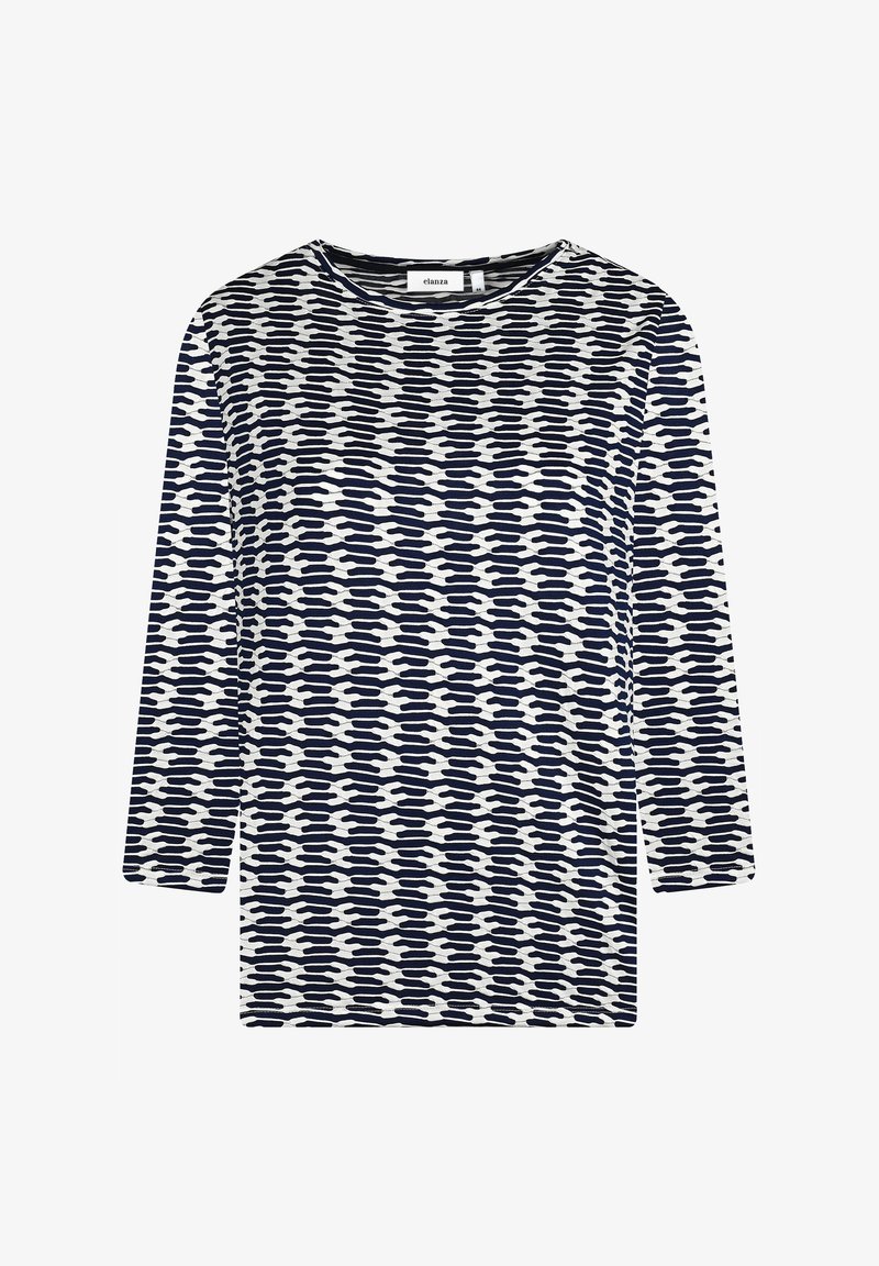 Langarmhemd aus weichem, leichtem Stoff. Weiße Basis mit navyblauem abstraktem Muster. Rundhalsausschnitt und lockere Passform mit geradem Saum.