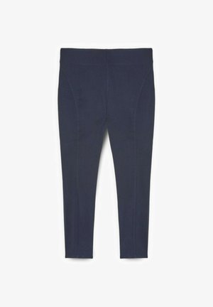 Pantaloni elasticizzati blu navy con texture liscia, dotati di vita alta, vestibilità slim e cuciture laterali per un aspetto su misura.