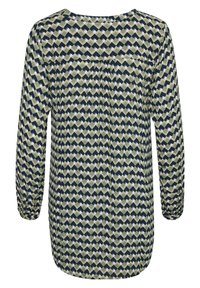 Blouse à manches longues avec un col arrondi, présentant un motif géométrique en bleu marine, vert et crème. Fabriquée en tissu doux avec une coupe décontractée.