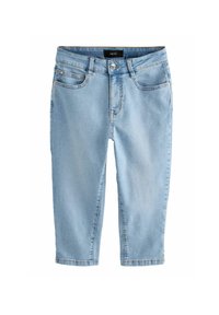 Vaaleansiniset denim-capri-housut, joissa on keskimäinen vyötärö, standardi viisi taskua -design ja minimaalinen ompelu-kuviot saumoissa.