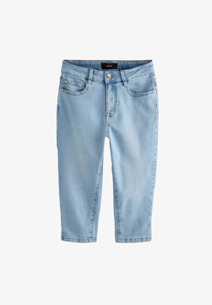 Svijetloplave traper kapri hlače s srednje visokom strukom, standardnim dizajnom s pet džepova i minimalnim detaljima šivanja na šavovima.