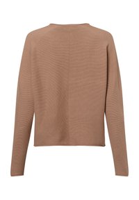 Barna, hosszú ujjú pulóver texturált kötött mintával, egyenes szabással és egyszerű, kerek nyakkivágással, hátulról ábrázolva.