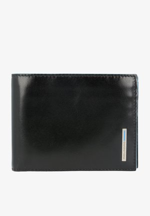 Portefeuille en cuir noir avec une texture lisse, conception à deux volets et un accent logo en ton argenté. Présente des détails subtils en bleu le long du bord.