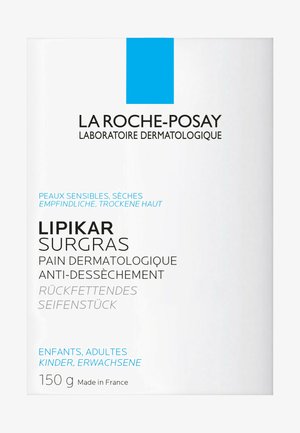 Lipikar Surgras Seifenstück, weiße Verpackung mit blauen Akzenten. 150 g, geeignet für empfindliche, trockene Haut. Hergestellt in Frankreich.