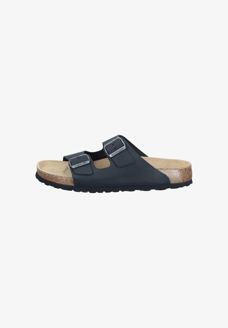 Sandales noires à enfiler avec deux boucles argentées réglables, semelle intérieure en liège et semelle extérieure en caoutchouc noir texturé. Surface lisse avec un design minimaliste.