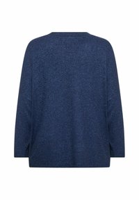 Nehéz navy kék, oversized pulóver textúrált felülettel, széles ujjal és oldalsó hasítékokkal, egyszerű kerek nyakkivágással.