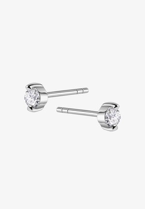 Srebrne kolczyki stud z okrągłymi, przezroczystymi kamieniami z cyrkonią, osadzone w uchwytach przypominających pazury, z gładkimi, polerowanymi powierzchniami.