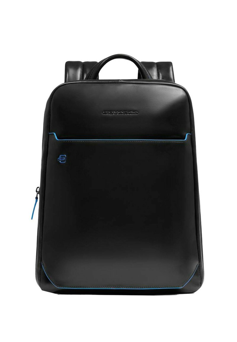 Zaino elegante in pelle nera con rifiniture blu, scomparti con cerniera, spallacci imbottiti e maniglia superiore, mostrato frontalmente.