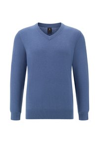 Mėlynas v-kaklo megztinis, pagamintas iš minkštos megztos medžiagos. Ilgos rankovės su raišteliais ir apatine siūle. Klasikinis, paprastas dizainas be raštų ar akcentų.