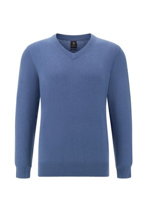 Sudadera azul de cuello en v fabricada con material de punto suave. Manga larga con puños y dobladillo de canalé. Diseño clásico y simple sin patrones ni acentos.