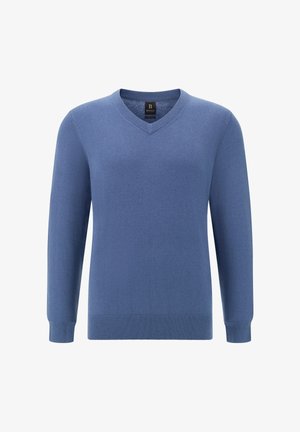 Blauer V-Ausschnitt-Pullover aus weichem Strickmaterial. Lange Ärmel mit gerippten Bündchen und Saum. Klassisches, einfaches Design ohne Muster oder Akzente.