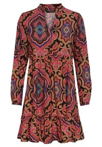 Robe à manches longues noire avec un motif paisley coloré, dotée d'un ourlet volanté et d'un tissu doux et léger.