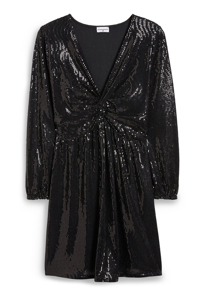 Robe noire ornée de sequins avec un décolleté en V profond, de longues manches élastiques et un détail de taille froncée. Texture lisse avec des accents réfléchissants.