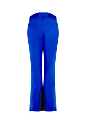 Blue ski pants with a stretchable waistband, open slits at the ankles, and contrasting black accents at the bottom. Smooth texture.