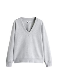 Lys grå sweatshirt med V-udskæring, lange ærmer og ribbede manchetter og kant. Fremstillet af blødt stof med en glat tekstur.