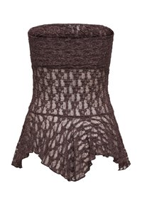 Haut marron en dentelle sans bretelles avec un corsage ajusté et un ourlet asymétrique à volants, présentant un motif texturé semi-transparent partout.
