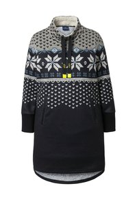 Marineblå fleeceforet pullover med høj krave, mønstret med hvide, grå og lyseblå geometriske design, med to sidelommer.