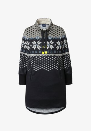 Marineblauwe fleecegevoerde trui met een hoge kraag, bedrukt met witte, grijze en lichtblauwe geometrische patronen, voorzien van twee zijzakken.