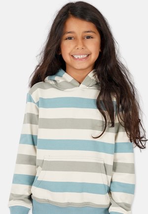 Striped hooded sweatshirt featuring grey and light blue horizontal stripes, front pocket, and ribbed hem in a soft, cotton blend fabric.