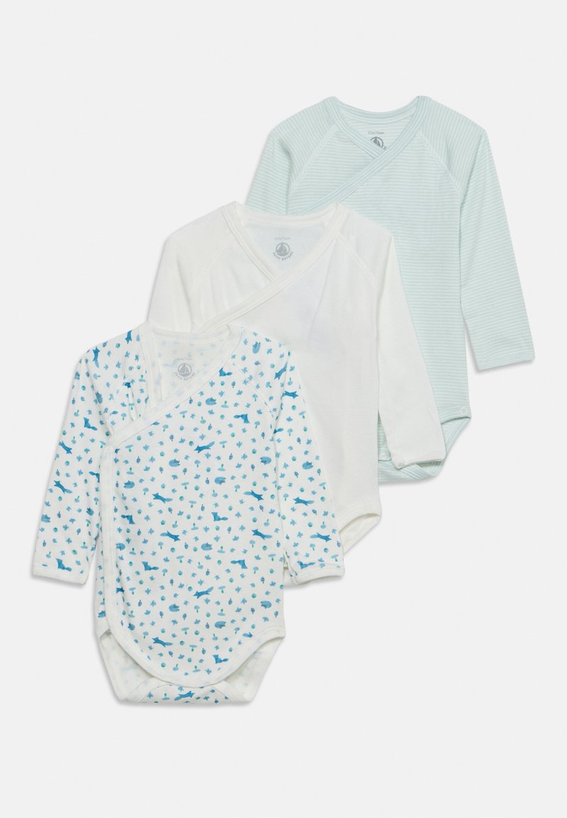 Ensemble de trois bodies bébé à manches longues, comprenant un imprimé animalier bleu, un crème uni et un bleu clair rayé.