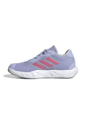 Light purple athletic sneaker with pink stripes, mesh upper, laces, and thick white sole shown from the side on a white background.