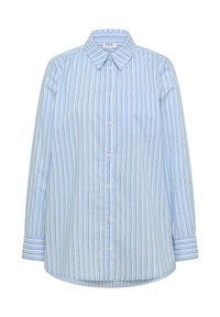 Chemise boutonnée bleu clair avec des rayures verticales blanches, noires et beiges, une poche poitrine, des manches longues et un col pointu.