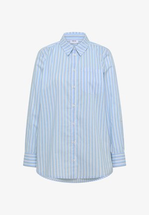 Vaaleansininen napillinen paitapusero, jossa pystysuorat valkoiset, mustat ja beige raidat, rintatasku, pitkät hihat ja terävä kaulus.