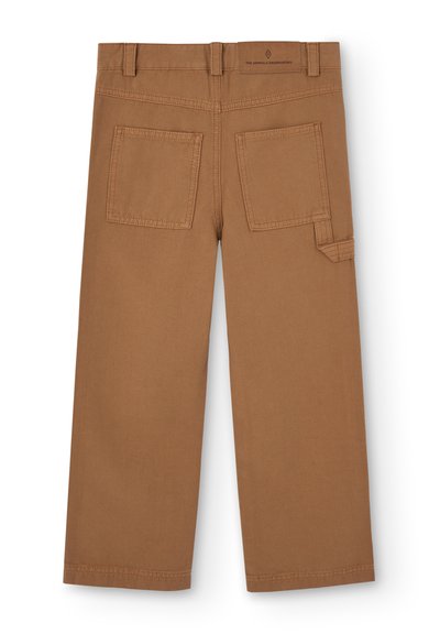 Pantalons cargo marron avec des jambes larges, dotés de deux grandes poches arrière, de coutures renforcées et d'une étiquette à la taille arrière. Tissu durable.
