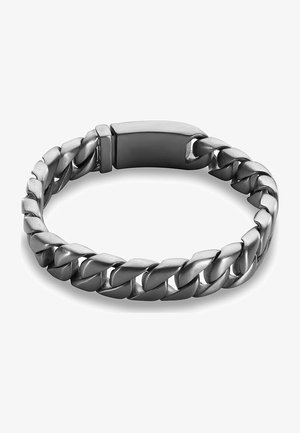 Metalarmbåndet har et tykk, sammenflettet kædedesign i en sølvgrå finish, med en rektangulær lås for sikker lukning.