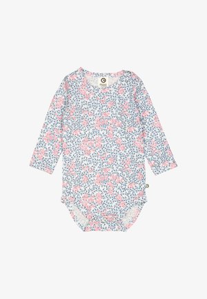 Langärmliger Einteiler mit einem weißen Hintergrund und rosa sowie blauen Blumenmustern, aus weichem Stoff gefertigt und mit Druckknöpfen im unteren Bereich für ein einfaches Ankleiden.