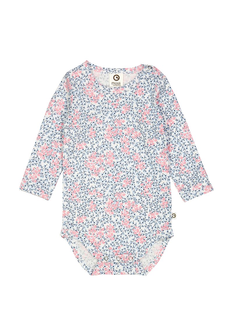 Dlouhý rukáv overal s bílým pozadím a růžovými a modrými květinovými vzory, vyrobený z měkké látky se zapínáním na spodní části pro snadné oblékání.