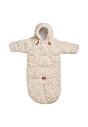 Cremefarvet, fluffy overtøj med hætte, der har en blød tekstur, en frontlomme og trætoggle til lukning.