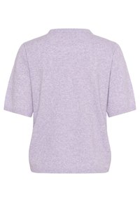 Pull en lilas tricoté à manches courtes, avec encolure ronde et ourlet côtelé. Texture douce avec un motif uniforme et subtil.