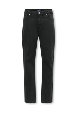 Jean noir droit avec fermeture avant par bouton et zip, passants de ceinture, poches avant et arrière, présenté à plat sur fond blanc.