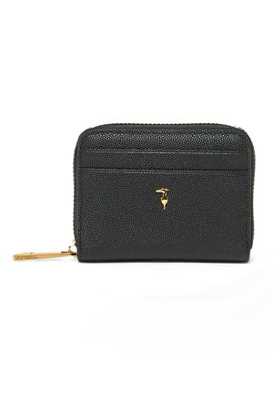 Portefeuille en cuir noir texturé avec logo flamant rose doré centré, fermeture à glissière sur tout le pourtour et tirette de fermeture dorée sur fond blanc.