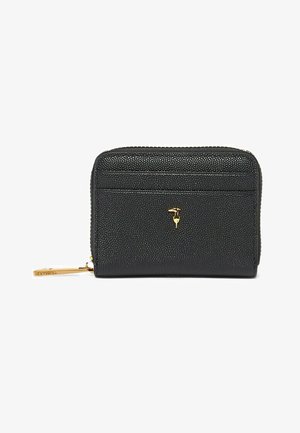 Cartera de cuero negro texturizado con logo de flamenco dorado centrado, cierre con cremallera alrededor y tirador de cremallera dorado sobre fondo blanco.