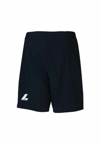 Schwarze Sportshorts aus leichtem Material, mit elastischem Bund und einem weißen Logo auf der linken Seite.