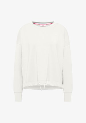 Witte longsleeve sweater met ronde hals, trekkoord aan de zoom, geribbelde manchetten en subtiele geperste branding op de schouder.