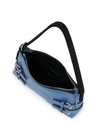 Blue denim handbag with double silver buckle details, black interior, and black shoulder strap, shown open with visible zipper closure.